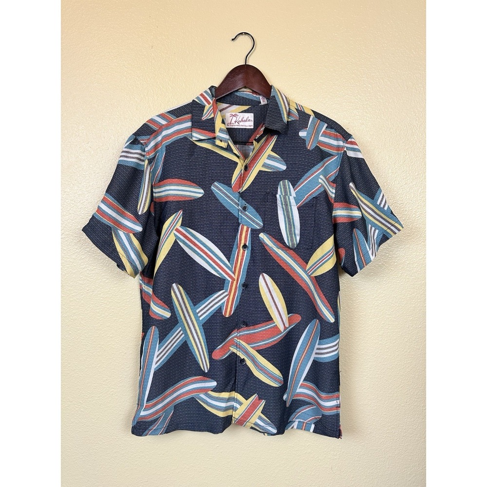 Kahala Men's Medium Surf Board Polynosic Rayon Hawaiian Shirt Blue Aloha Tiki